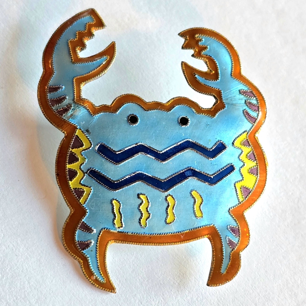 Crab brooch sterling silver enamel 925 ocean beach blue coastal crustacean